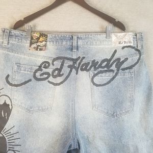 NWT Ed Hardy 42x31 Jeans Denim Slim Taper Death Before Dishonor Rock Str…